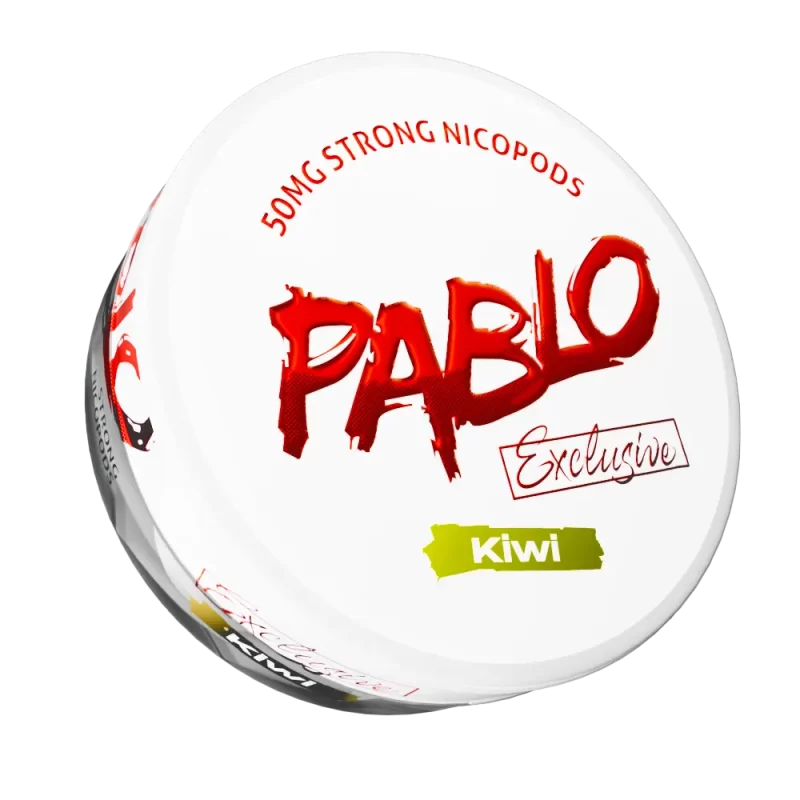 Pablo Exclusive 50mg Kiwi nicotine pouches — 50mg/g ~32mg per pouch — ethyl butanoate cis-3-hexenol green botanical kiwi — semi-moist extreme tier — NGP Empire Scandinavia