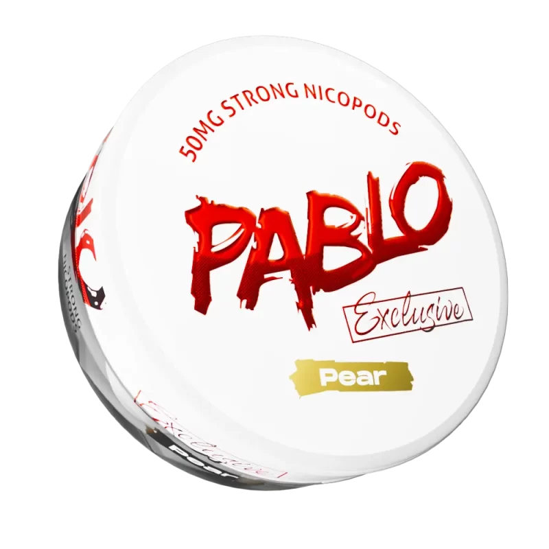 Pablo Exclusive 50mg Pear nicotine pouches — 50mg/g ~32mg per pouch — ethyl decadienoate floral Williams pear system — semi-moist extreme tier — NGP Empire Scandinavia