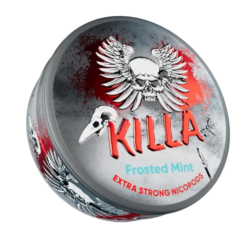 KILLA Frosted Mint 16g nicotine pouches — 12.8mg ultra-strong dry format peppermint menthol sustained delivery, NGP Empire Scandinavia, tobacco-free, 20 slim pouches