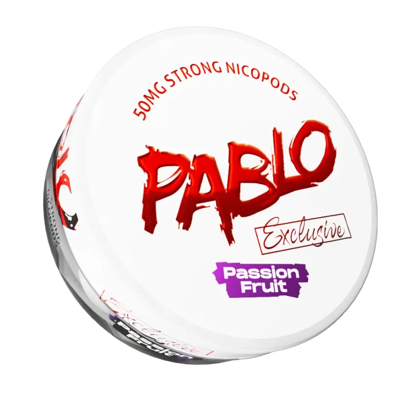 Pablo Exclusive 50mg Passion Fruit nicotine pouches — 50mg/g ~30mg per pouch — ethyl butyrate damascenone floral tropical — 0.6g slim semi-moist — NGP Empire Scandinavia