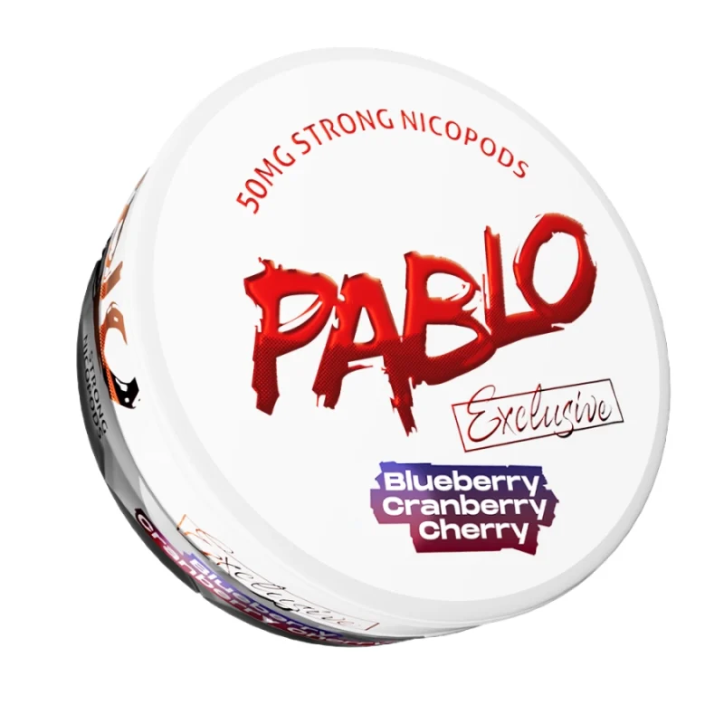 Pablo Exclusive 50mg Blueberry Cranberry Cherry nicotine pouches — 50mg/g ~32mg per pouch — linalool blueberry tart cranberry sweet cherry triple-berry — 0.8g extreme tier — NGP Empire Scandinavia