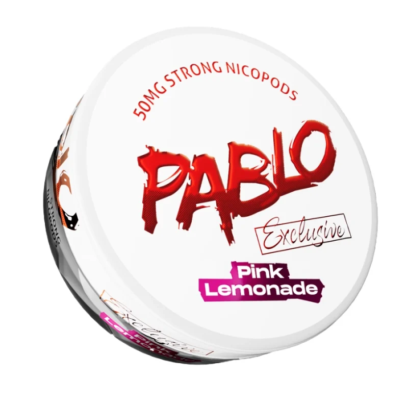 Pablo Exclusive 50mg Pink Lemonade nicotine pouches — 50mg/g ~32mg per pouch — citral lemon sour furaneol strawberry berry sweetness — 0.8g extreme tier — NGP Empire Scandinavia