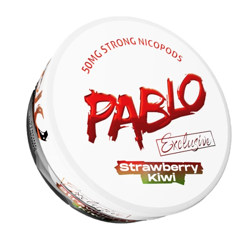 Pablo Exclusive 50mg Strawberry Kiwi nicotine pouches — 50mg/g ~32mg per pouch — furaneol strawberry ethyl butanoate green botanical kiwi — 0.8g extreme tier — NGP Empire Scandinavia