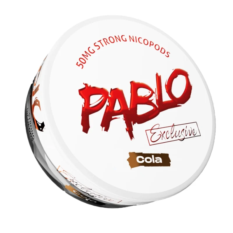 Pablo Exclusive 50mg Cola nicotine pouches — 50mg/g ~32mg per pouch — phosphoric acid vanillin cinnamaldehyde classic cola — 0.8g extreme tier — NGP Empire Scandinavia