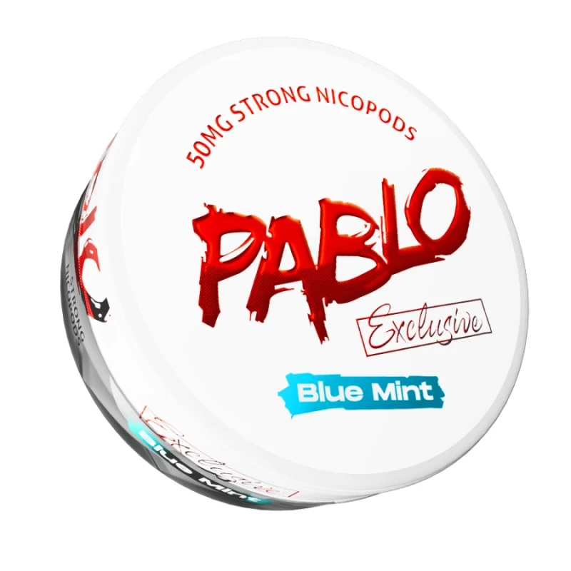 Pablo Exclusive 50mg Blue Mint nicotine pouches — 50mg/g ~32mg per pouch — menthol TRPM8 blueberry berry notes fruit-mint hybrid — 0.8g extreme tier — NGP Empire Scandinavia
