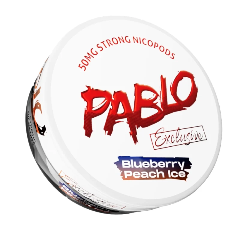 Pablo Exclusive 50mg Blueberry Peach Ice nicotine pouches — 50mg/g ~32mg per pouch — linalool blueberry peach lactone menthol TRPM8 — sweet fruit-ice extreme tier — NGP Empire Scandinavia