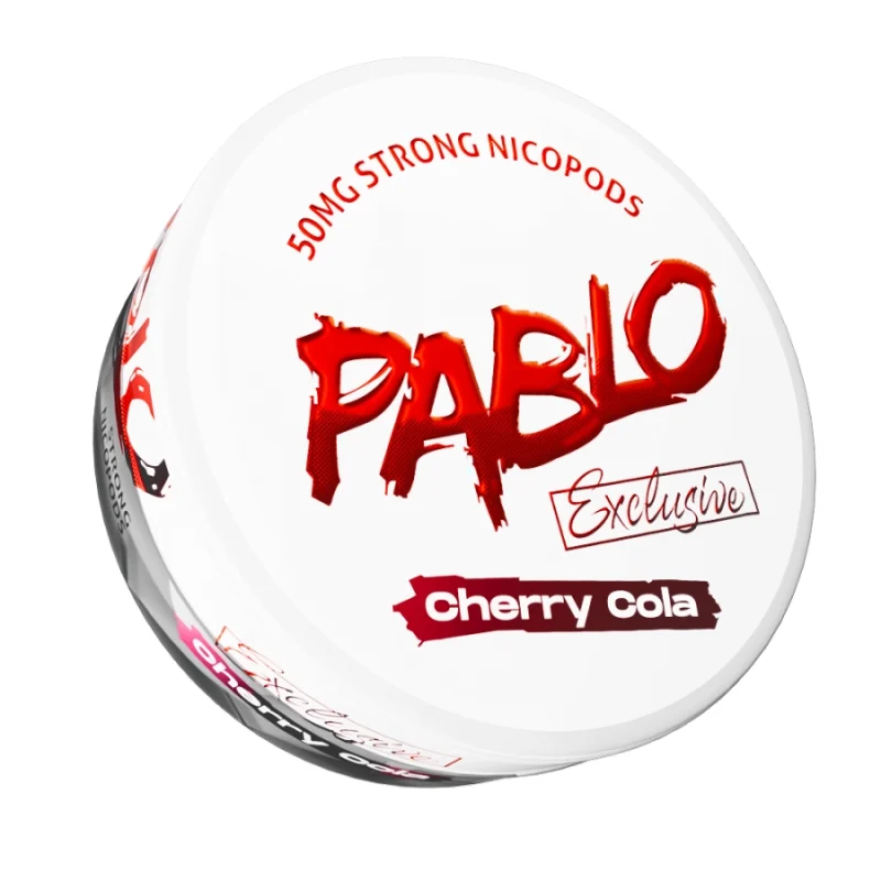 Pablo Exclusive 50mg Cherry Cola nicotine pouches — 50mg/g ~32mg per pouch — benzaldehyde dark cherry cola caramel spice — 0.8g extreme tier — NGP Empire Scandinavia