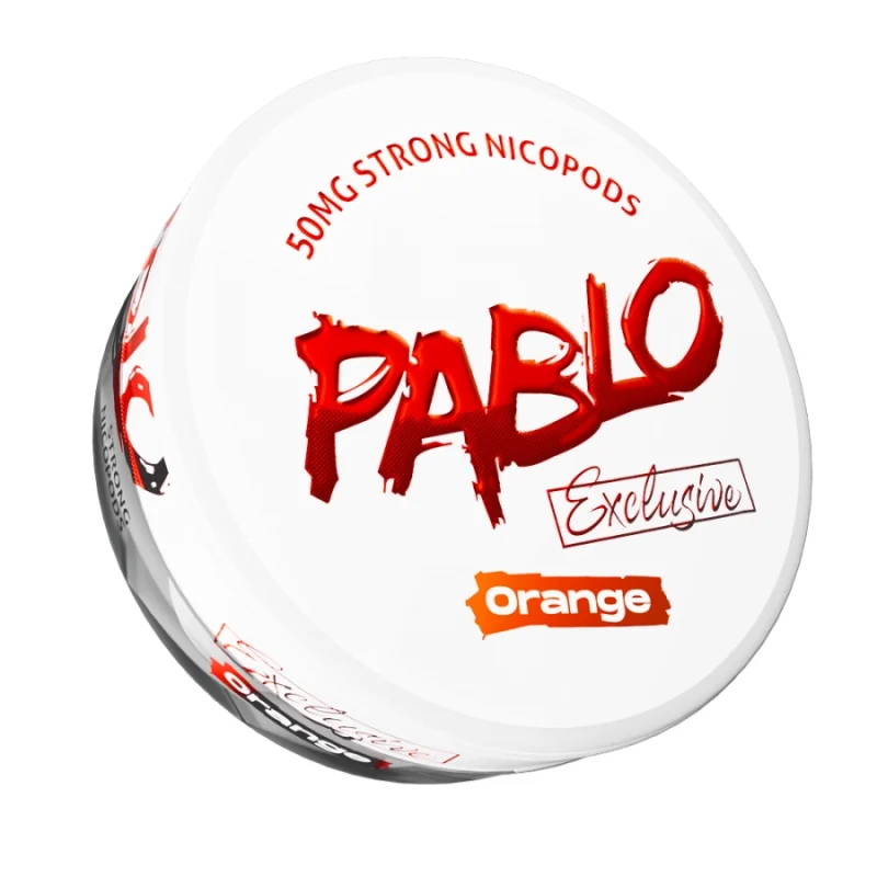 Pablo Exclusive 50mg Orange nicotine pouches — 50mg/g ~32mg per pouch — limonene octyl acetate sweet juicy orange — no menthol — 0.8g extreme tier — NGP Empire Scandinavia