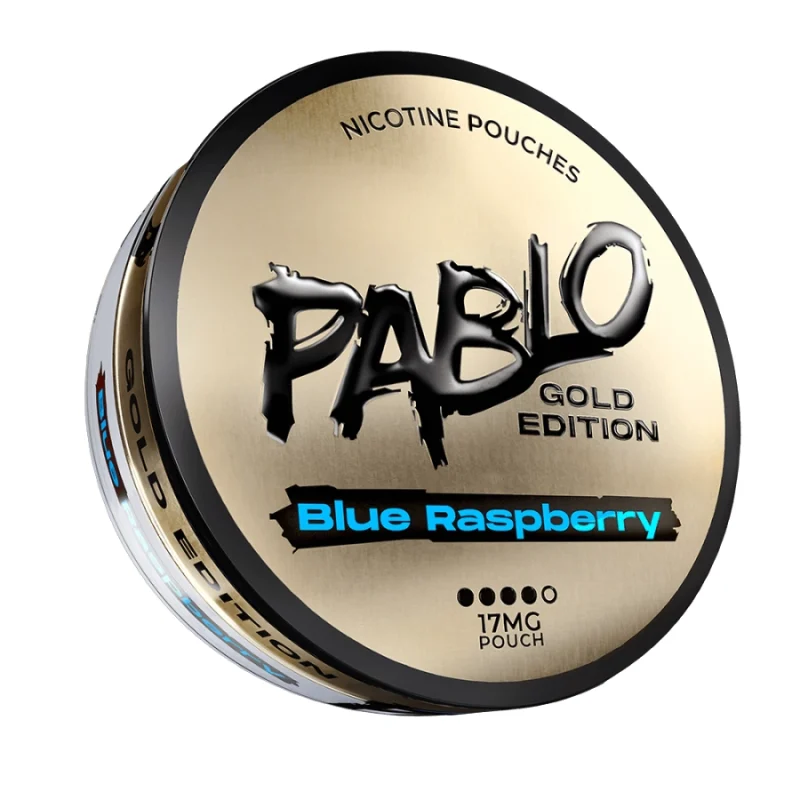 Pablo Gold Edition Blue Raspberry nicotine pouches — 30-35mg/g ~20-22mg per pouch — methyl anthranilate blue candy fruit sweet-sour — Gold Edition extreme tier — NGP Empire Scandinavia