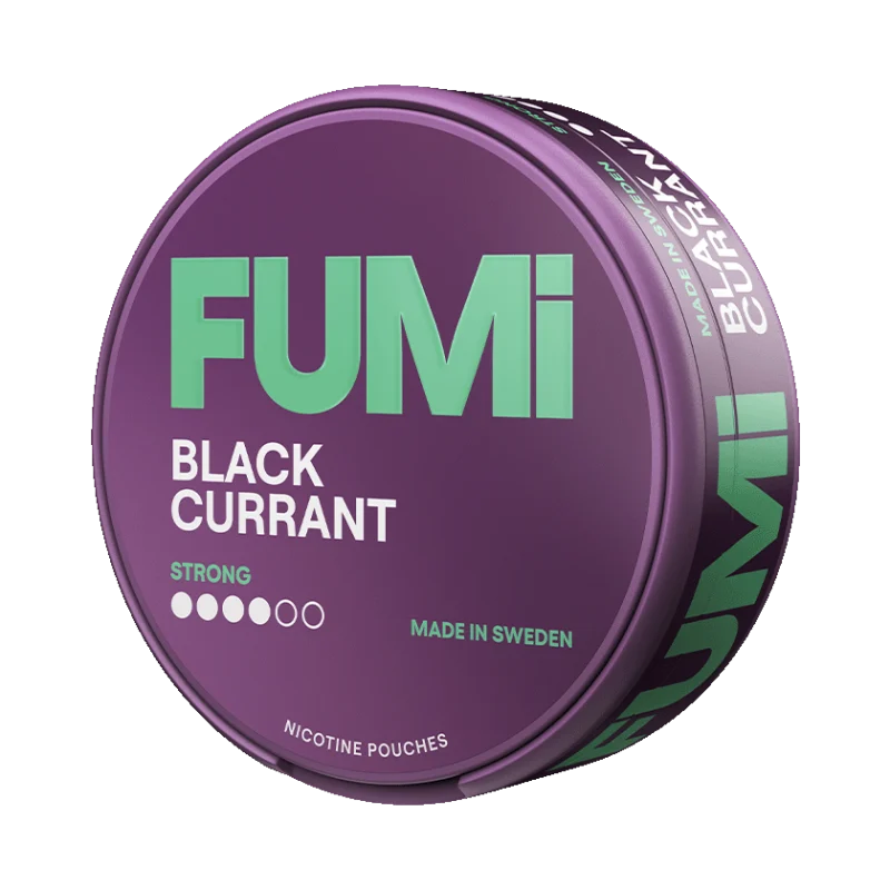 FUMi Blackcurrant Strong nicotine pouches — 11.4mg/g 8mg per pouch — dark complex blackcurrant berry — tobacco-free white slim format — Helix Sweden