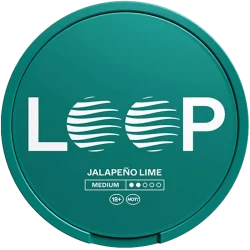 LOOP Jalapeño Lime Medium nicotine pouch can — piperine jalapeño TRPV1 heat citral lime Medium format tobacco-free InstantRush PlantCan Another Factory AB Sweden