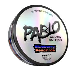 Pablo Silver Edition Blueberry Peach Ice nicotine pouches — linalool blueberry gamma-decalactone peach menthol TRPM8 ice — ~10mg ~15mg/g Silver Edition — 14g semi-moist — NGP Empire Scandinavia